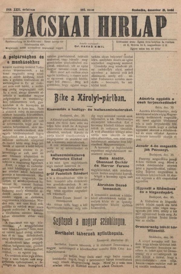 Bácskai Hirlap, 22. évf. 1918. december 31. 292. sz.