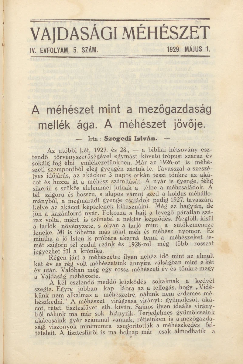 Vajdasági méhészet, 4. évf. 1929. május 1. 5. sz.