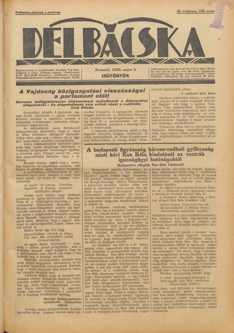 Délbácska, 9. évf. 1928. május 3. 102. sz.