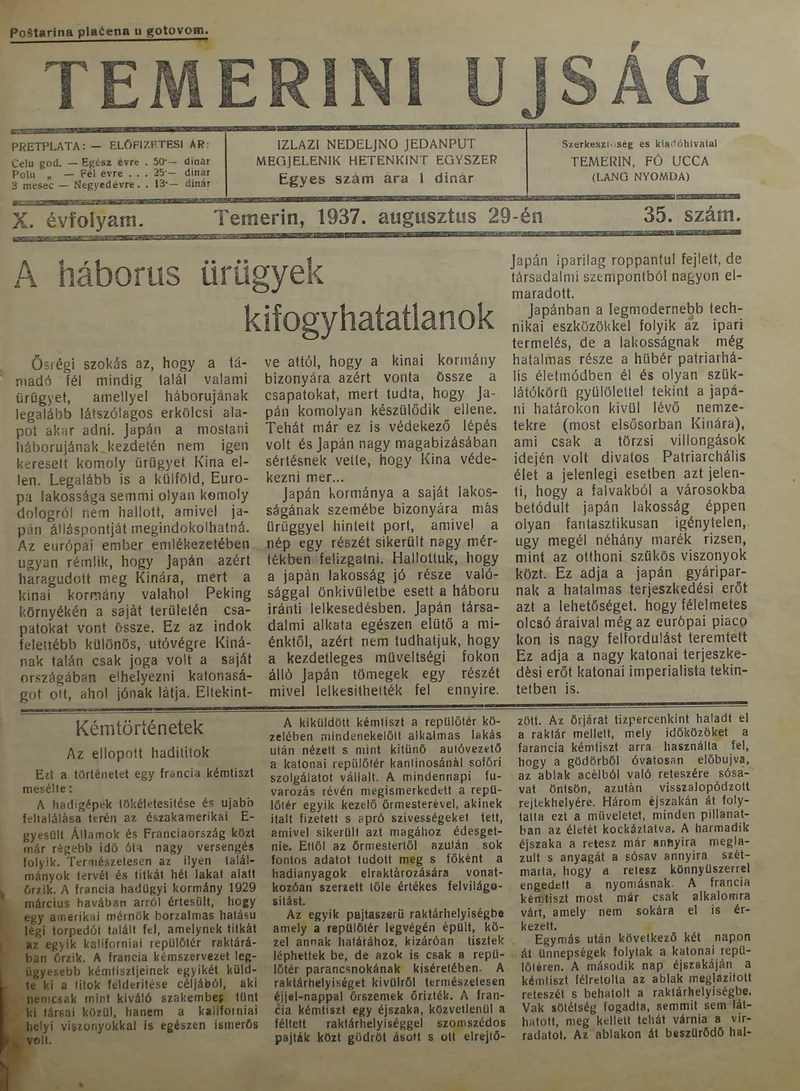 Temerini Újság 1928-1944, 10. évf. 1937. augusztus 29. 35. sz.