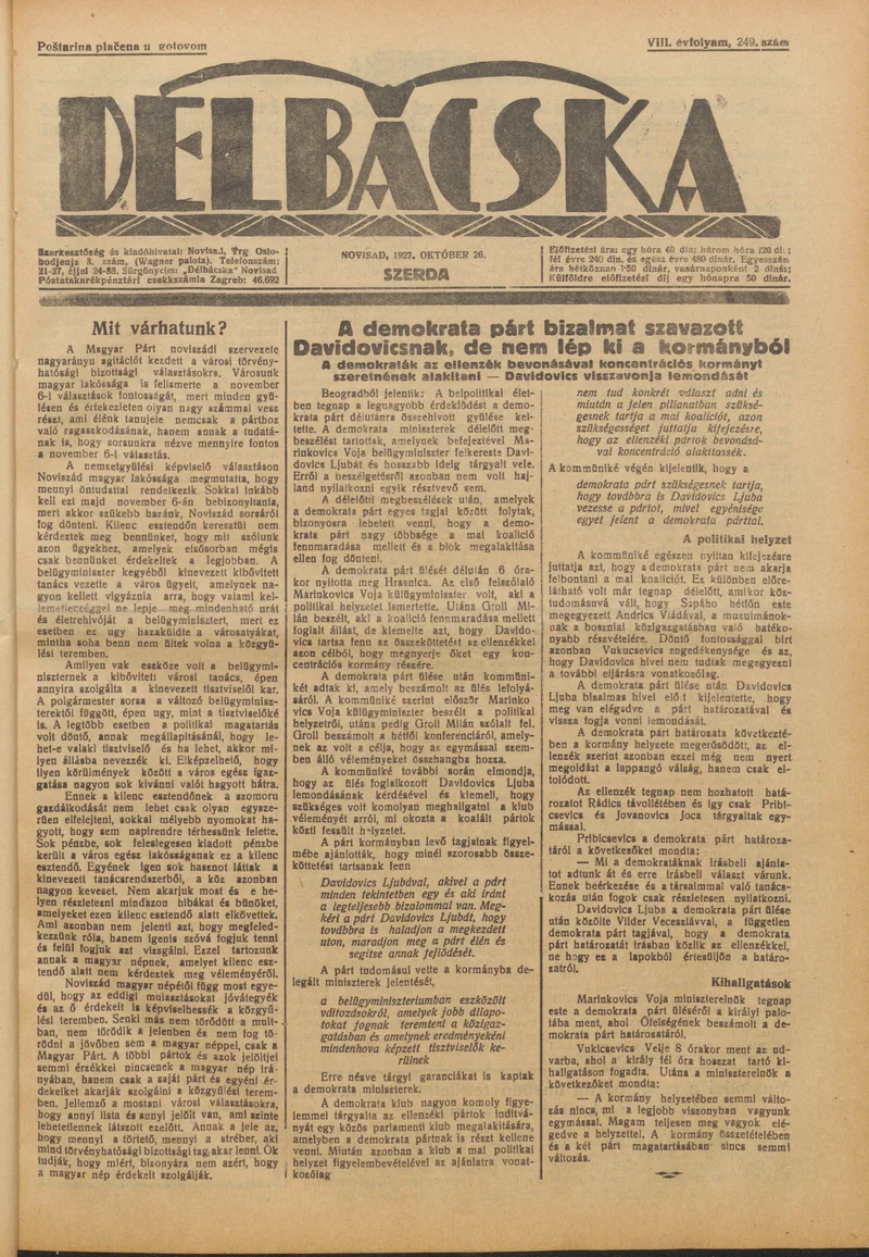 Délbácska, 8. évf. 1927. október 26. 249. sz.