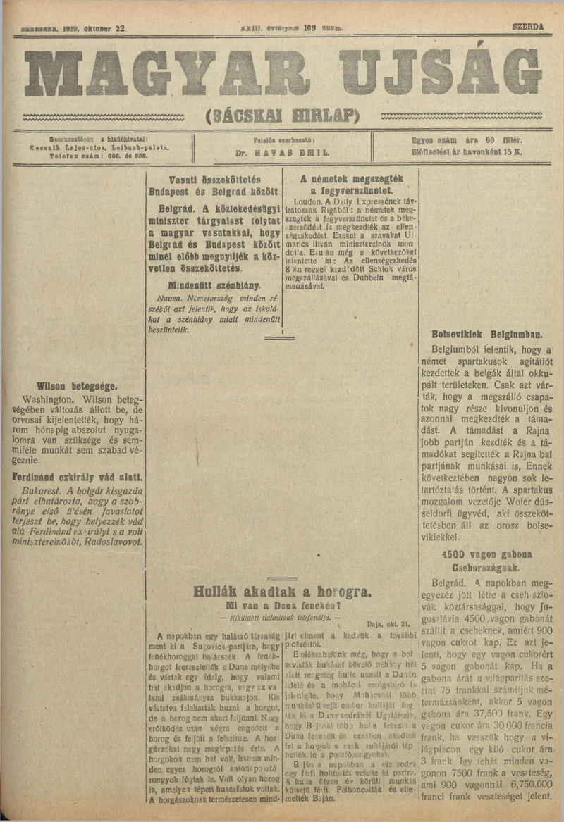 Bácskai Hirlap, 23. évf. 1919. október 22. 109. sz.
