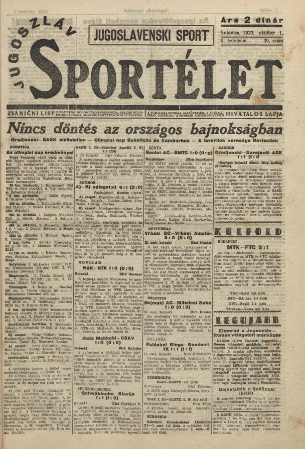 Jugoszláv sportélet, 2. évf. 1923. október 1. 39. sz.