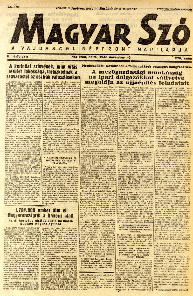 Magyar Szó, 2. évf. 1945. november 26. 275. sz. 1–4. oldal