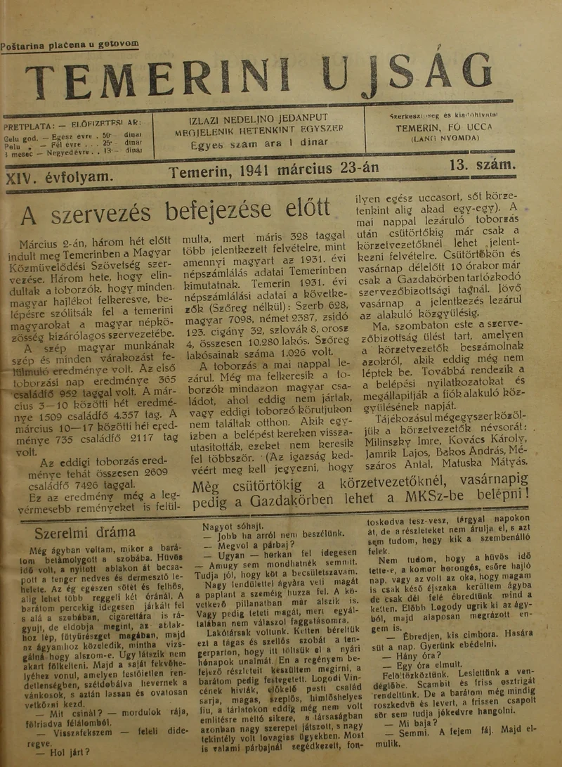 Temerini Újság 1928-1944, 14. évf. 1941. március 23. 13. sz.