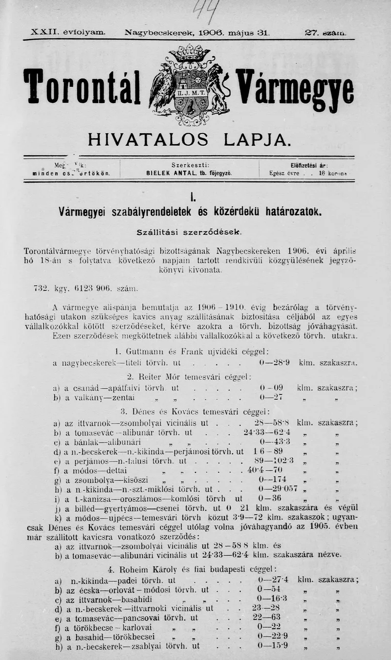Torontál Vármegye Hivatalos Lapja, 22. évf. 1906. május 31. 27. sz.