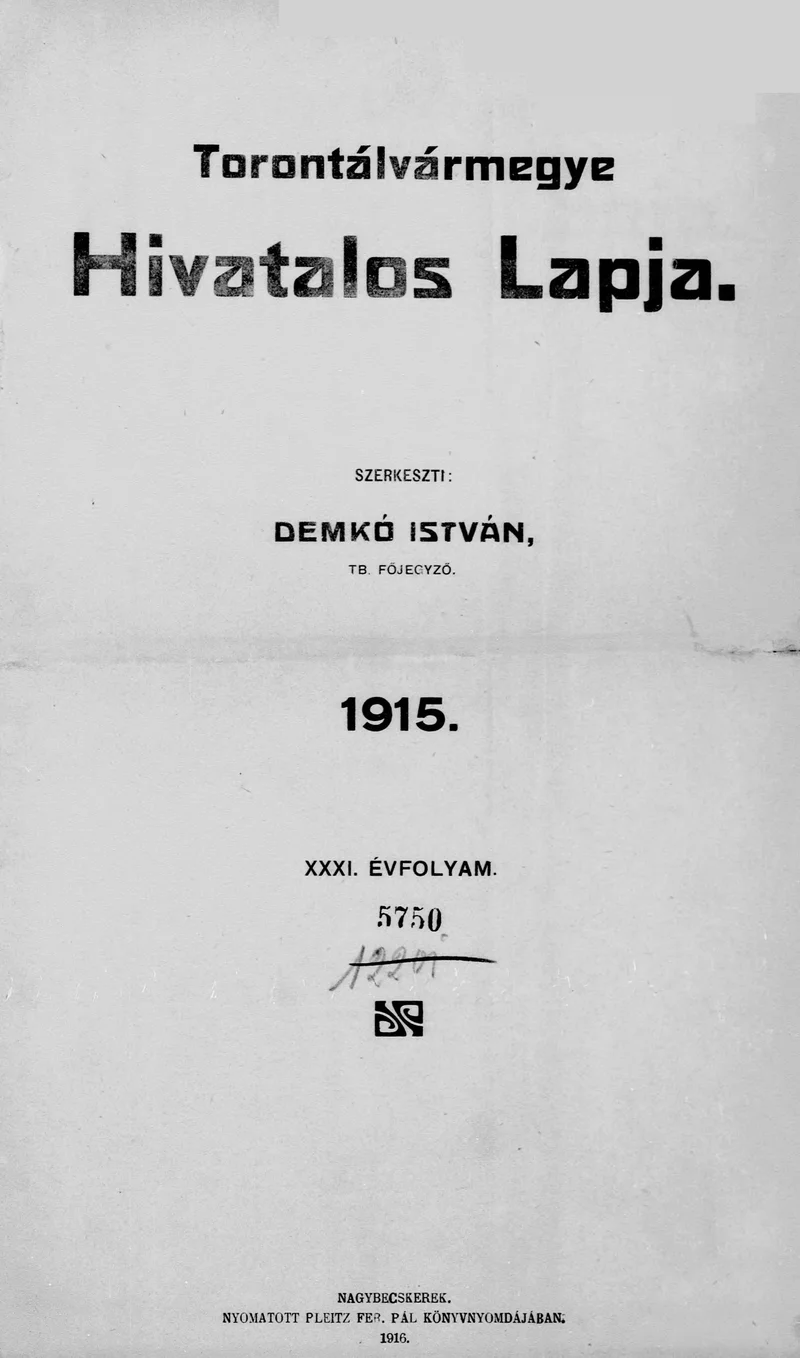 Torontál Vármegye Hivatalos Lapja, 31. évf. 1915. Tárgymutató