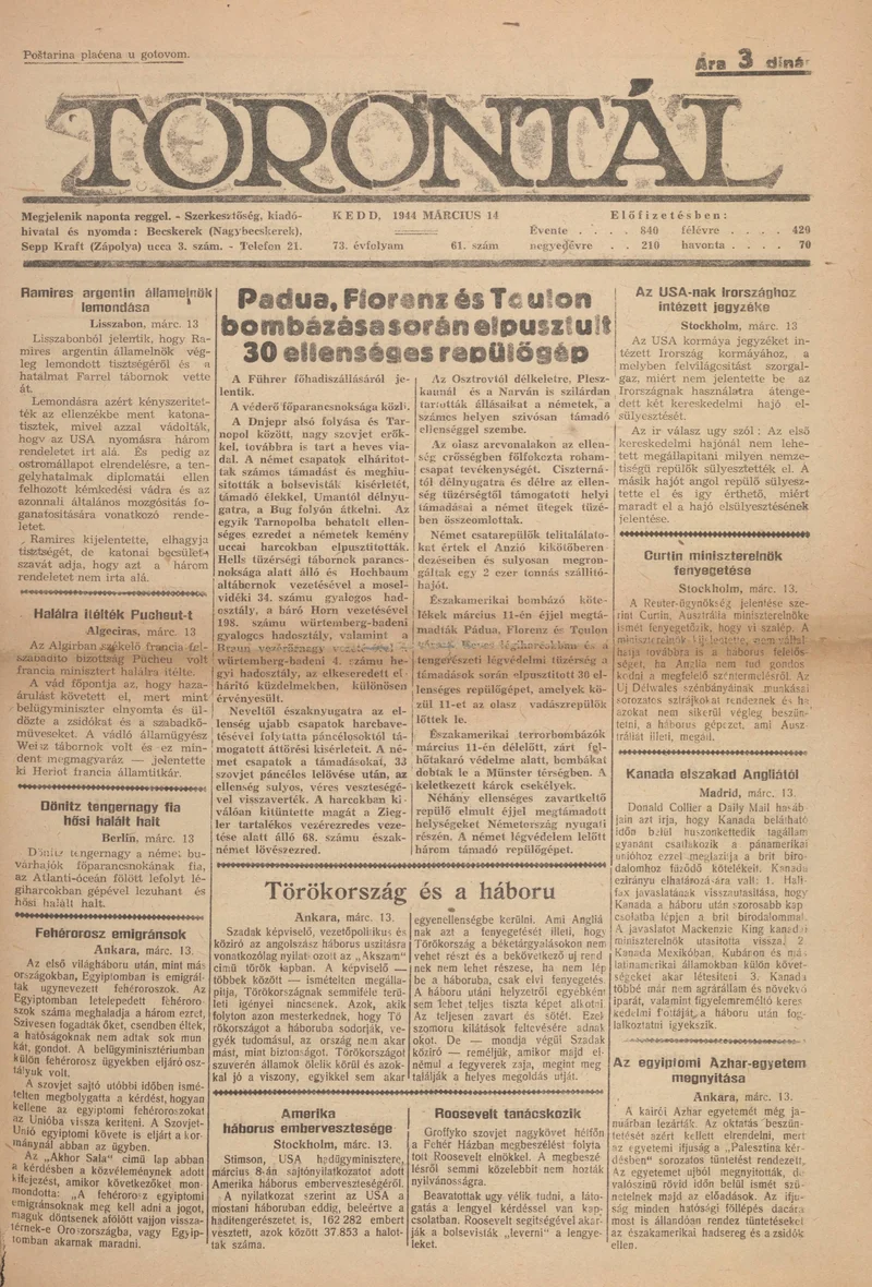 Torontál, 73. évf. 1944. március 14. 61. sz.