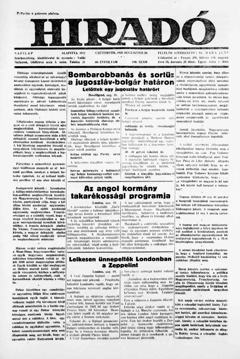 Híradó, 60. évf. 1931. augusztus 20. 190. sz.