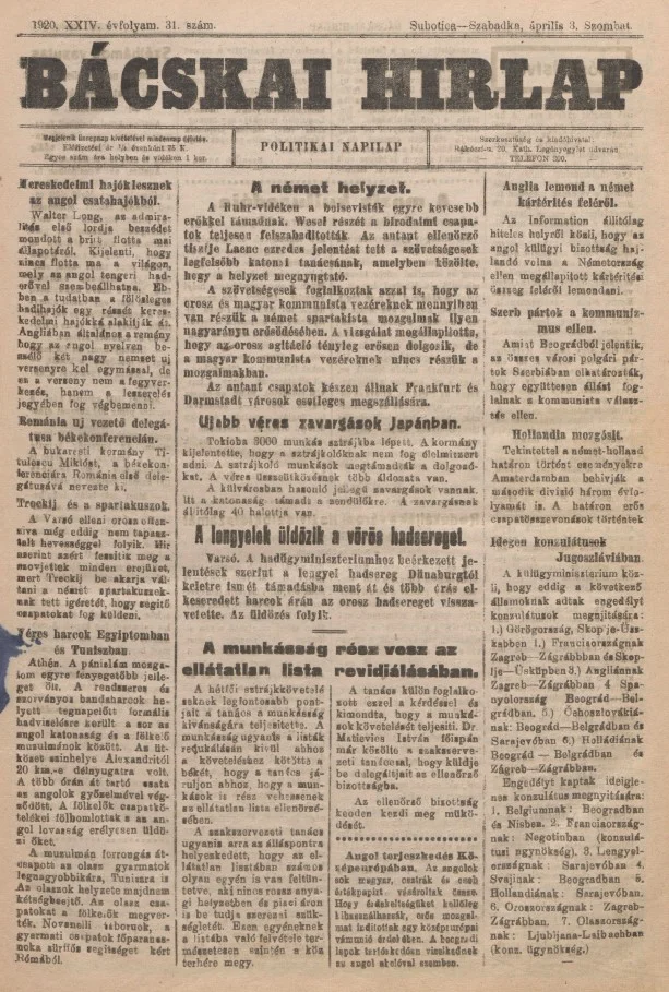 Bácskai Hirlap, 24. évf. 1920. április 3. 31. sz.