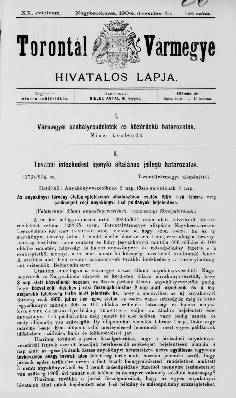 Torontál Vármegye Hivatalos Lapja, 20. évf. 1904. december 15. 58. sz.
