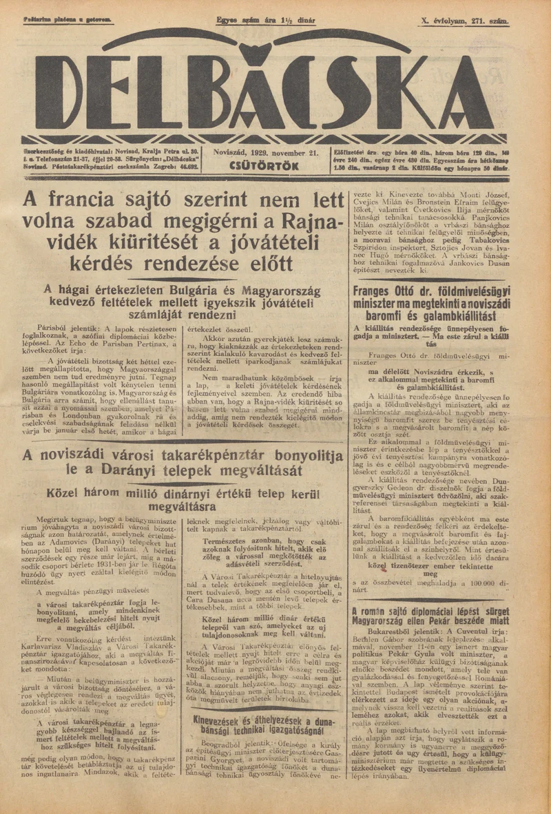 Délbácska, 10. évf. 1929. november 21. 271. sz.