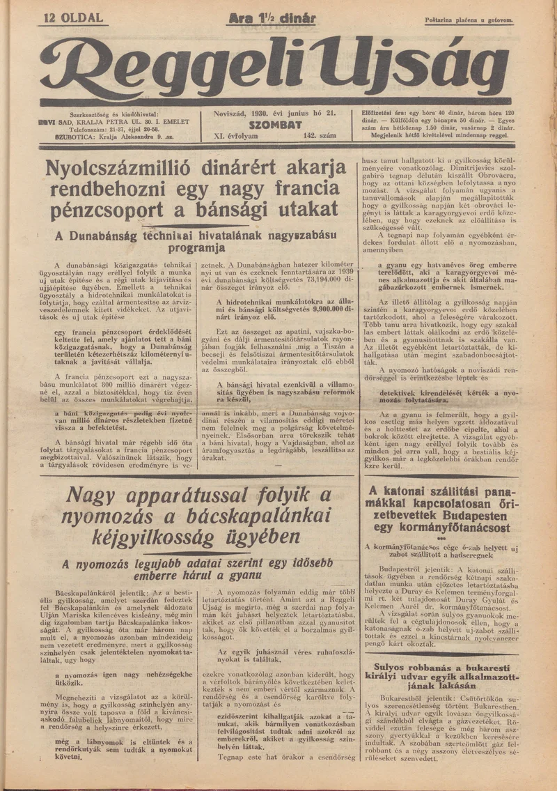 Reggeli Újság, 11. évf. 1930. június 21. 142. sz.