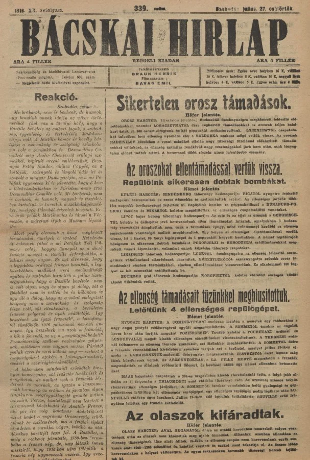 Bácskai Hirlap, 20. évf. 1916. július 26. 339. sz.