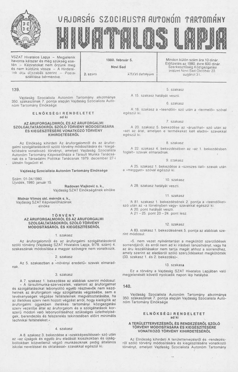 Vajdaság Szocialista Autonóm Tartomány Hivatalos Lapja, 36. évf. 1980. február 5. 2. sz. 93–124. oldal