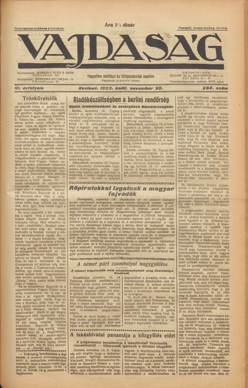 Vajdaság, 3. évf. 1923. november 20. 264. sz.
