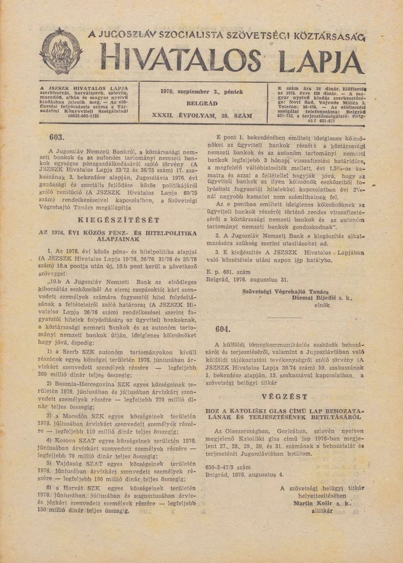 A Jugoszláv Szocialista Szövetségi Köztársaság Hivatalos Lapja, 32. évf. 1976. szeptember 3. 39. sz. 1153–1248. oldal