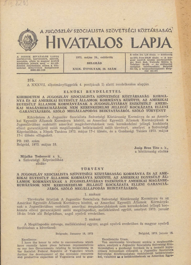 A Jugoszláv Szocialista Szövetségi Köztársaság Hivatalos Lapja, 29. évf. 1973. május 24. 28. sz. 905–924. oldal
