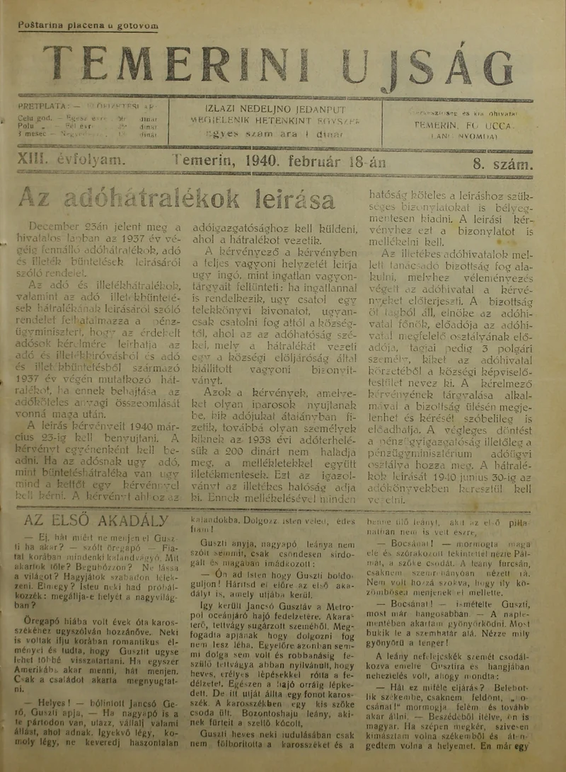 Temerini Újság 1928-1944, 13. évf. 1940. február 18. 8. sz.