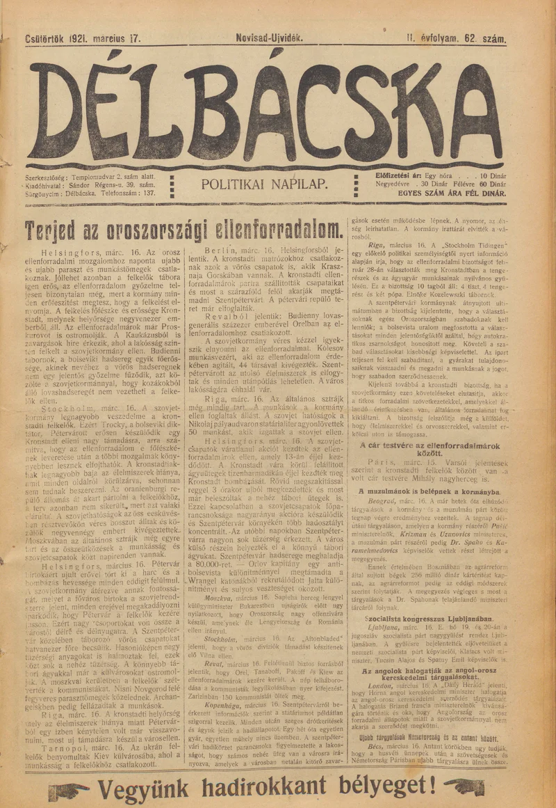 Délbácska, 2. évf. 1921. március 17. 62. sz.