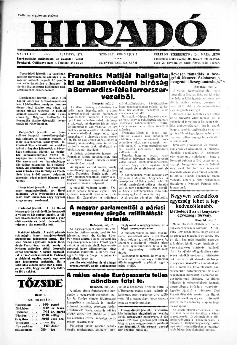 Híradó, 59. évf. 1930. május 3. 102. sz.