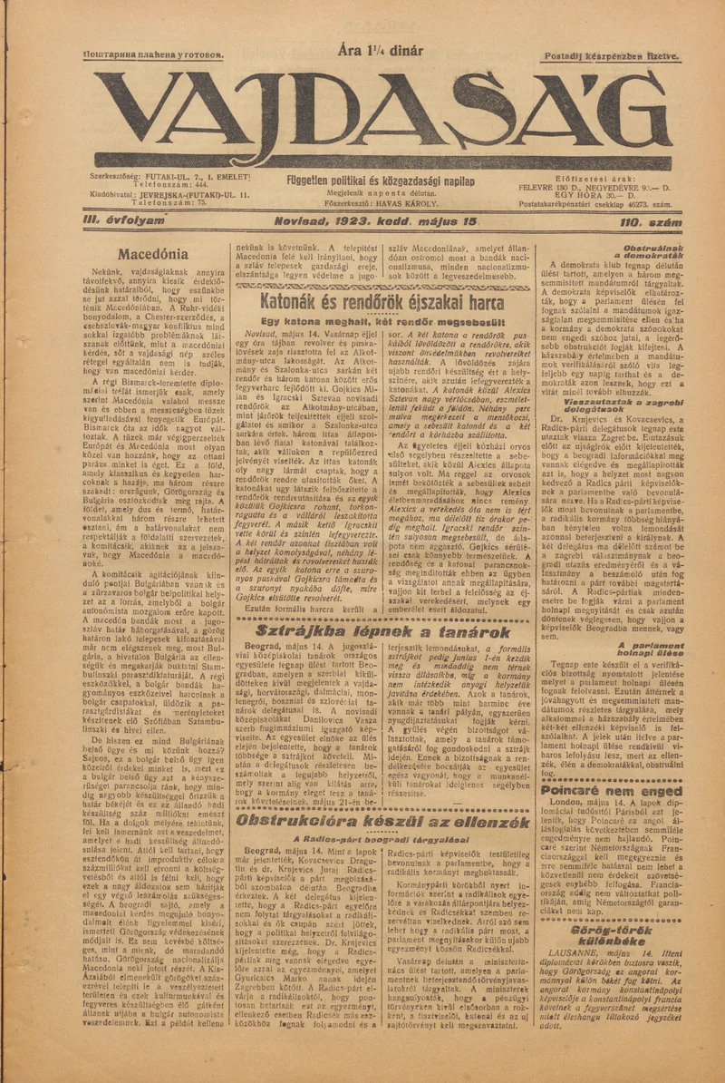 Vajdaság, 3. évf. 1923. május 15. 110. sz.