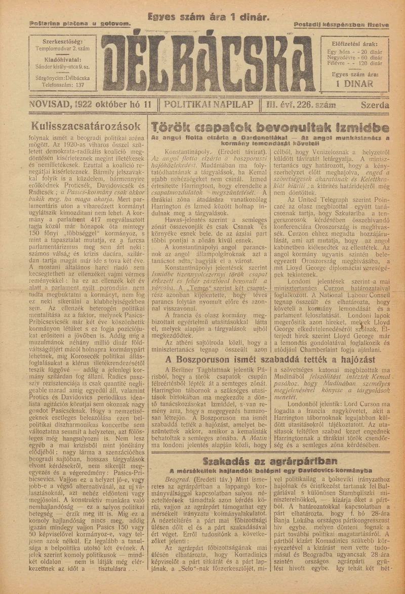 Délbácska, 3. évf. 1922. október 11. 226. sz.