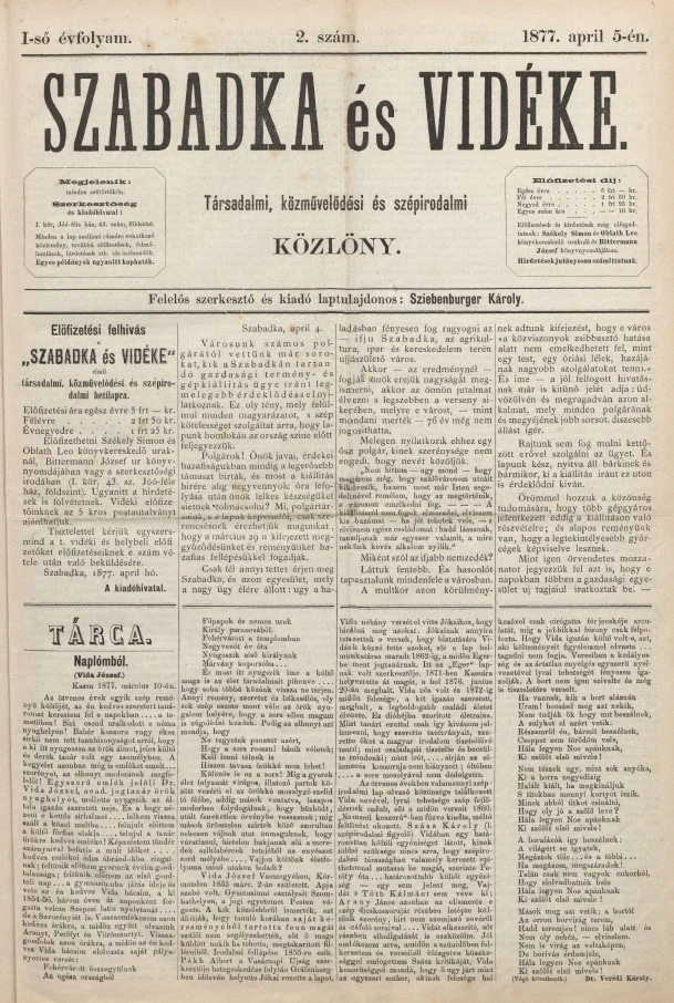 Szabadka és vidéke, 1. évf. 1877. április 5. 2. sz.