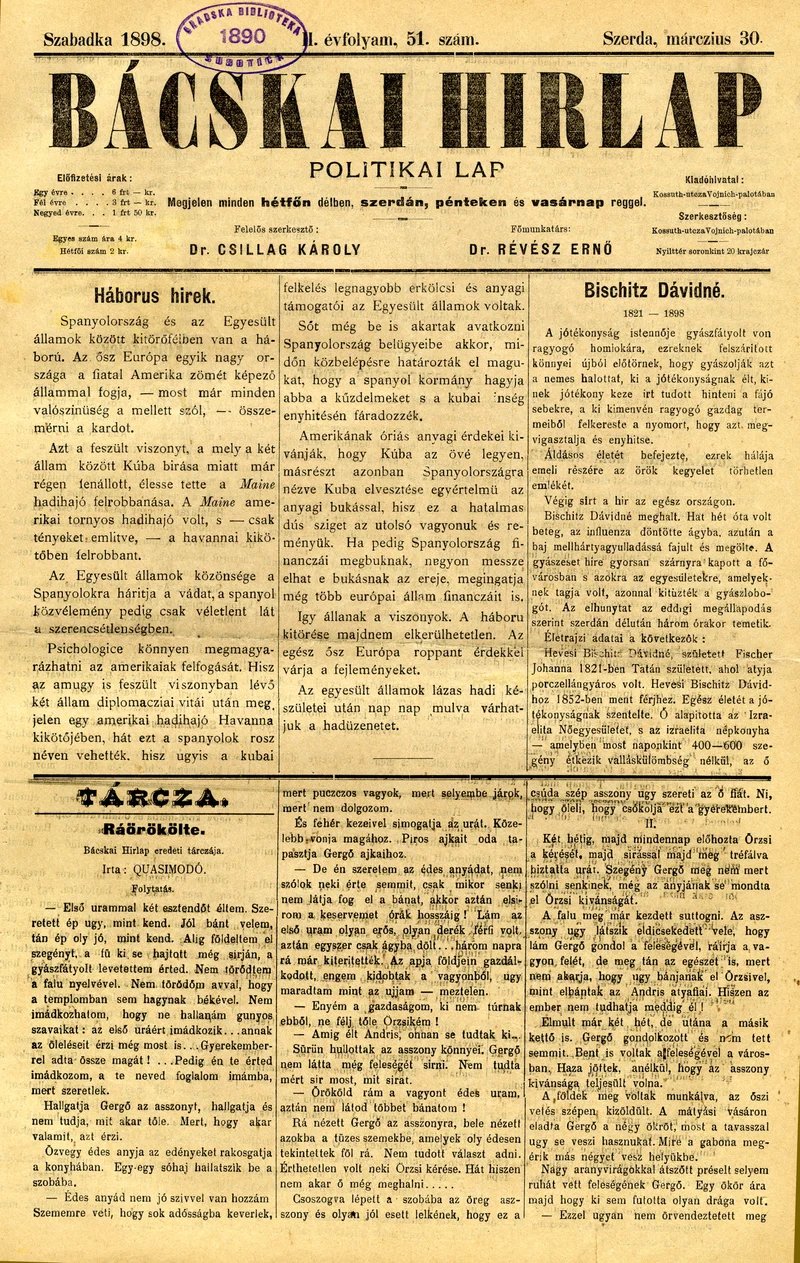 Bácskai Hirlap, 2. évf. 1898. március 30. 51. sz. 1–4. oldal