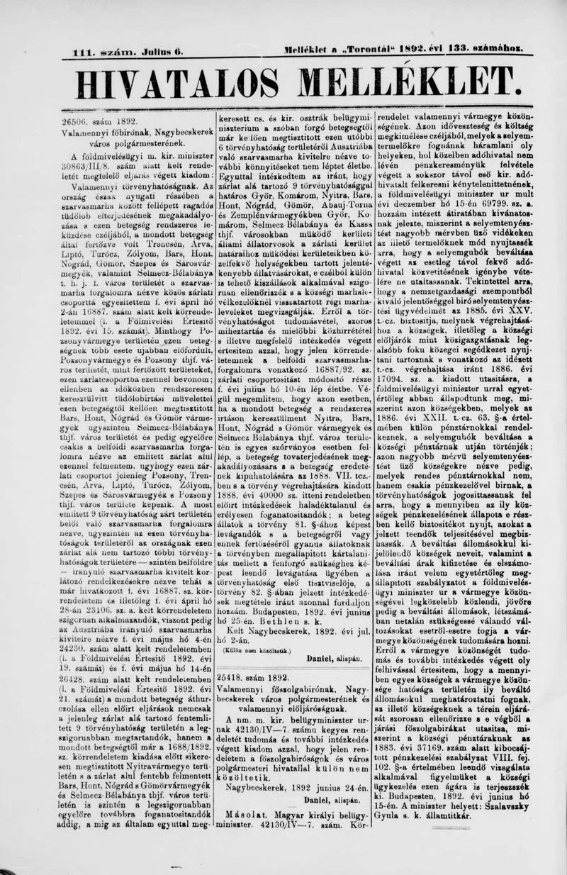 A Totontál  hivatalos melléklete, 5. évf. 1892. július 6. 111. sz.