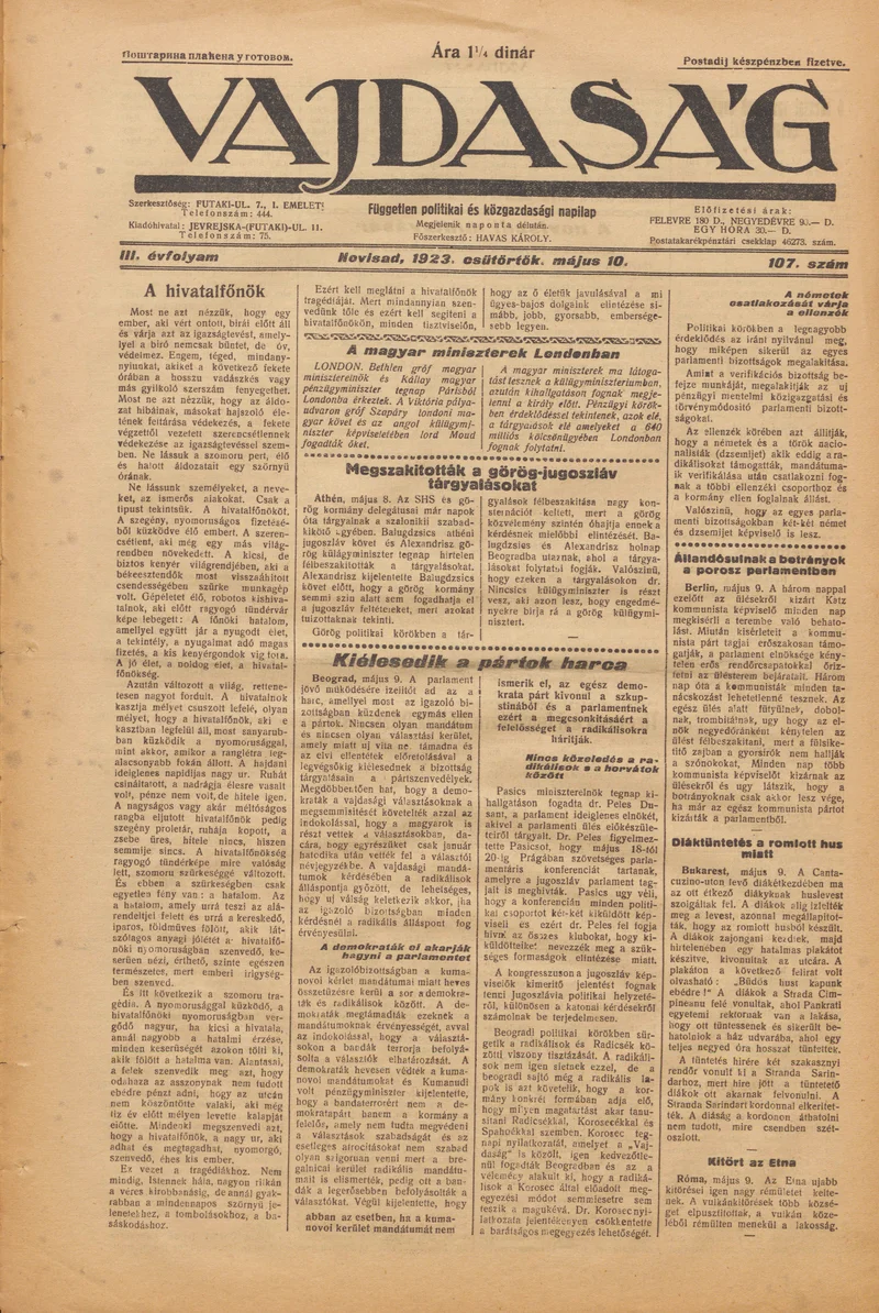 Vajdaság, 3. évf. 1923. május 10. 107. sz.