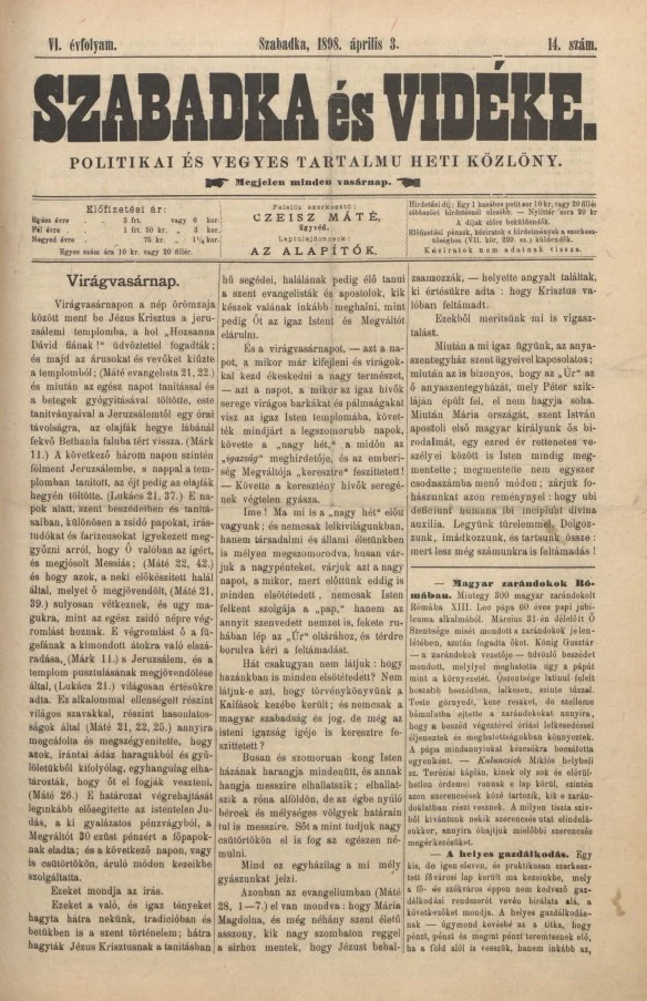 Szabadka és vidéke II, 6. évf. 1898. április 3. 14. sz.