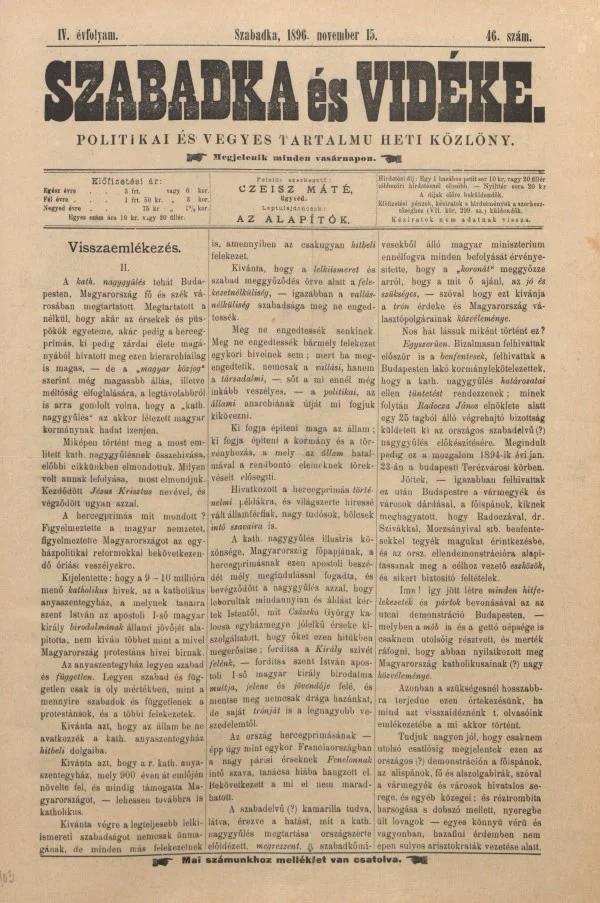 Szabadka és vidéke II, 4. évf. 1896. november 15. 46. sz.