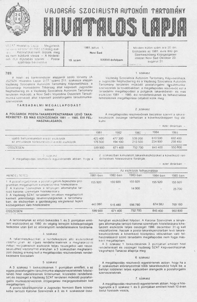 Vajdaság Szocialista Autonóm Tartomány Hivatalos Lapja, 37. évf. 1981. július 1. 19. sz.