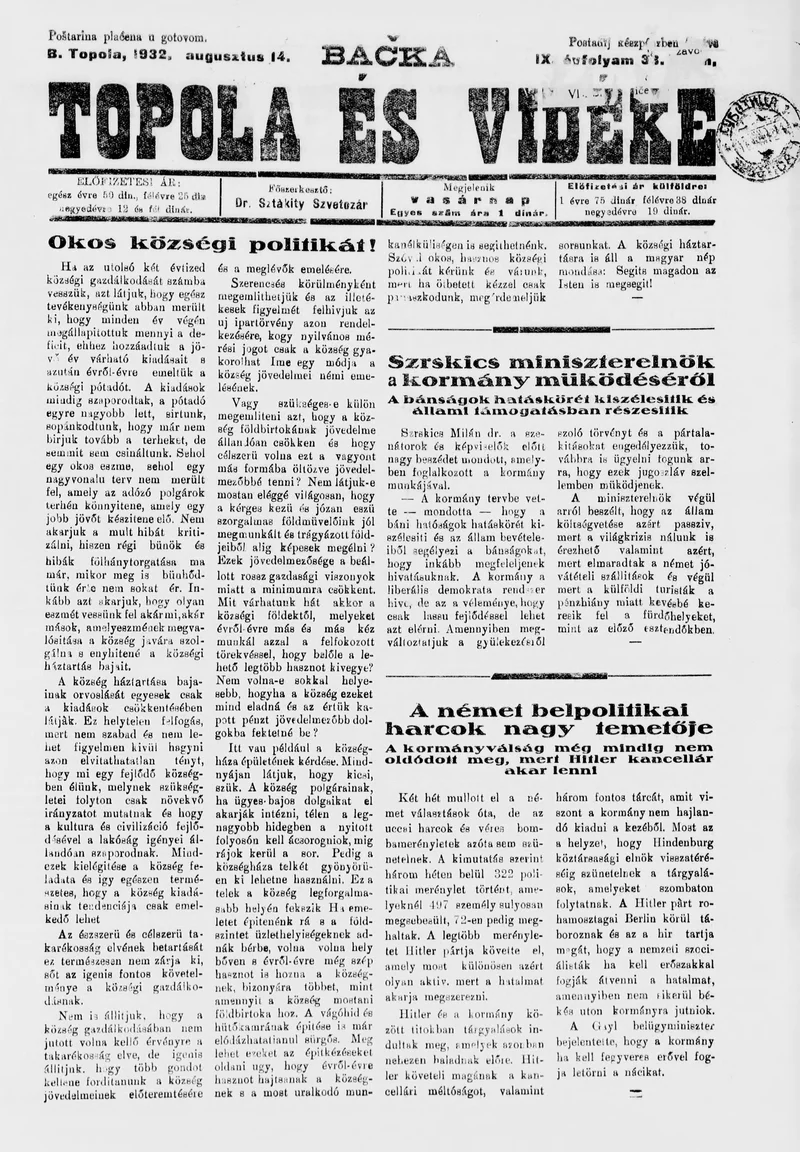 Bačka Topola és Vidéke, 9. évf. 1932. augusztus 14. 33. sz.