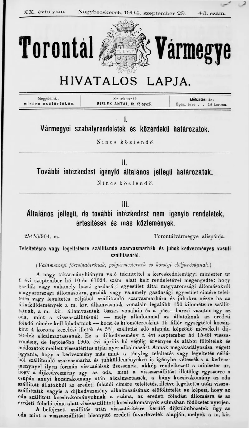 Torontál Vármegye Hivatalos Lapja, 20. évf. 1904. szeptember 29. 46. sz.