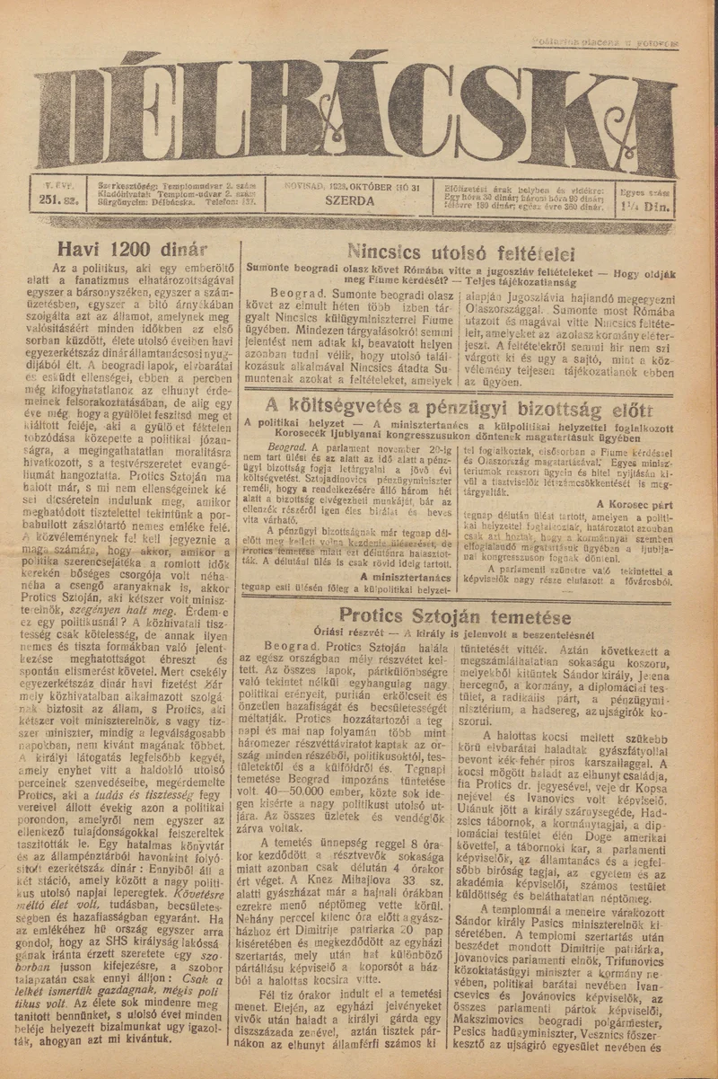 Délbácska, 4. évf. 1923. október 31. 251. sz.