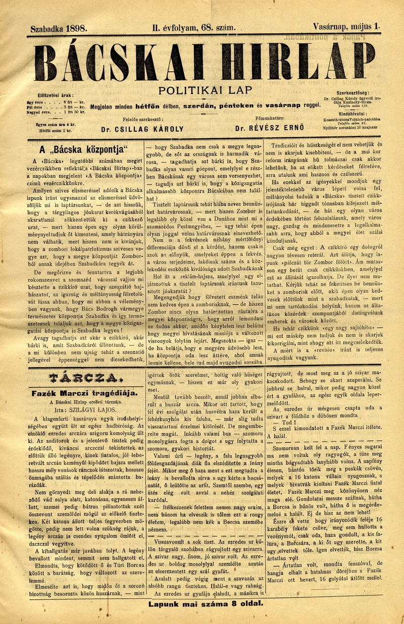 Bácskai Hirlap, 2. évf. 1898. május 1. 68. sz. 1–8. oldal