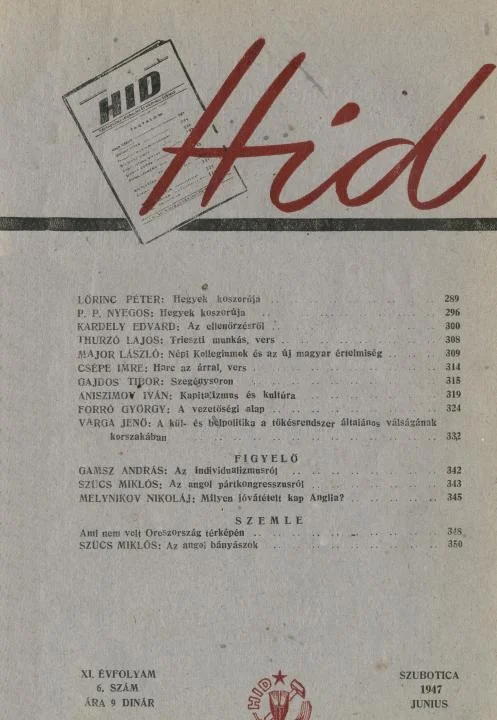 Híd, 11. évf. 1947. június. 6. sz. 290–352. oldal