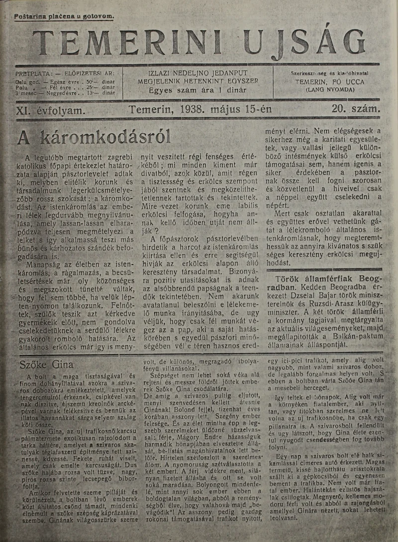 Temerini Újság 1928-1944, 11. évf. 1938. május 15. 20. sz.