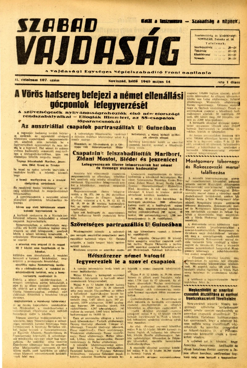 Szabad Vajdaság, 2. évf. 1945. május 14. 107. sz.