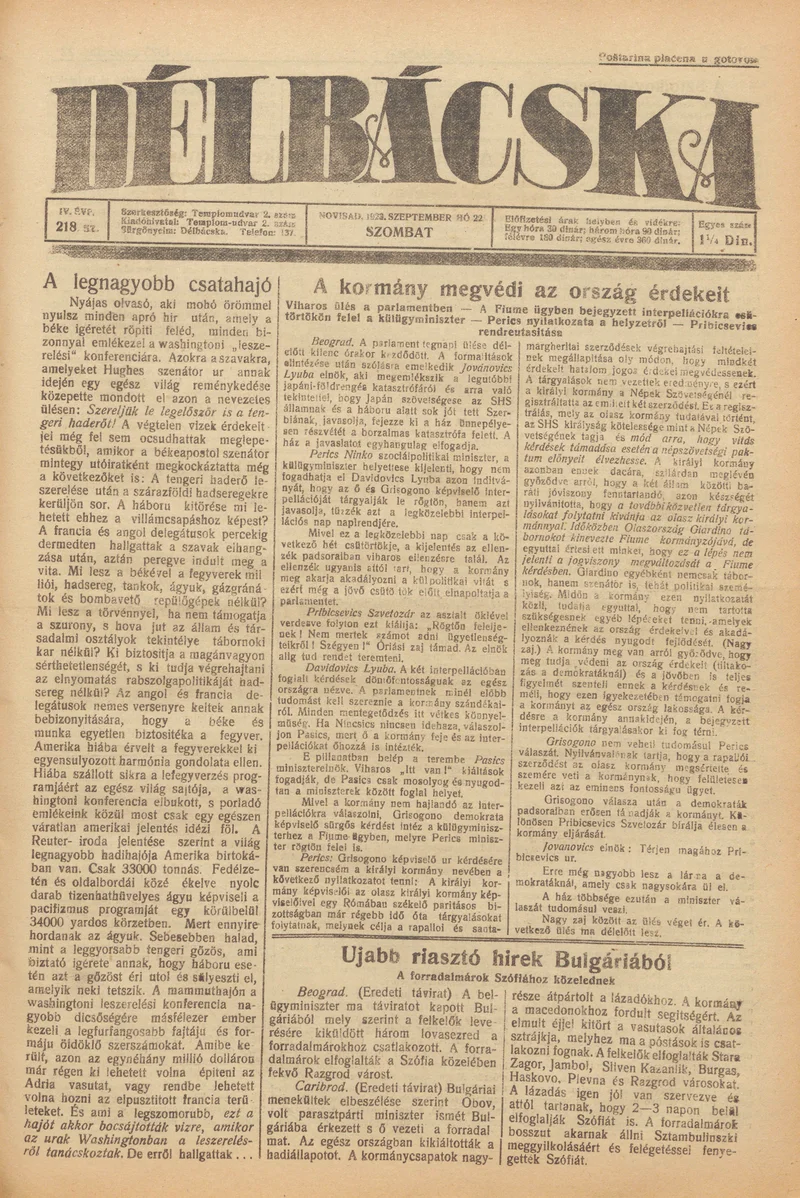 Délbácska, 4. évf. 1923. szeptember 22. 218. sz.