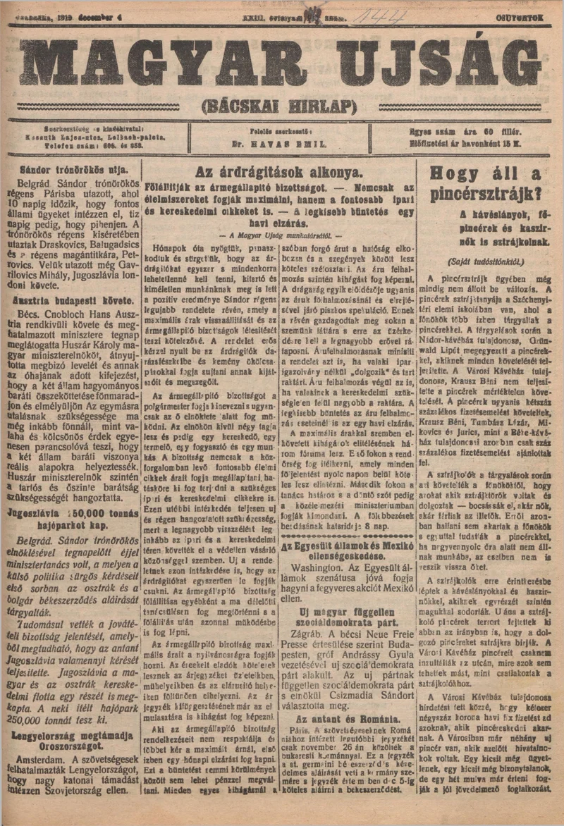 Bácskai Hirlap, 23. évf. 1919. december 4. 144. sz.