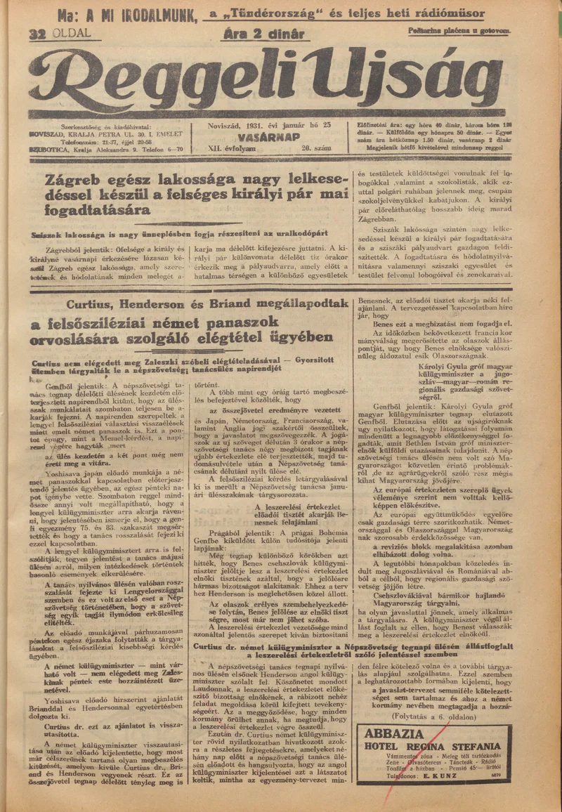 Reggeli Újság, 12. évf. 1931. január 25. 20. sz.