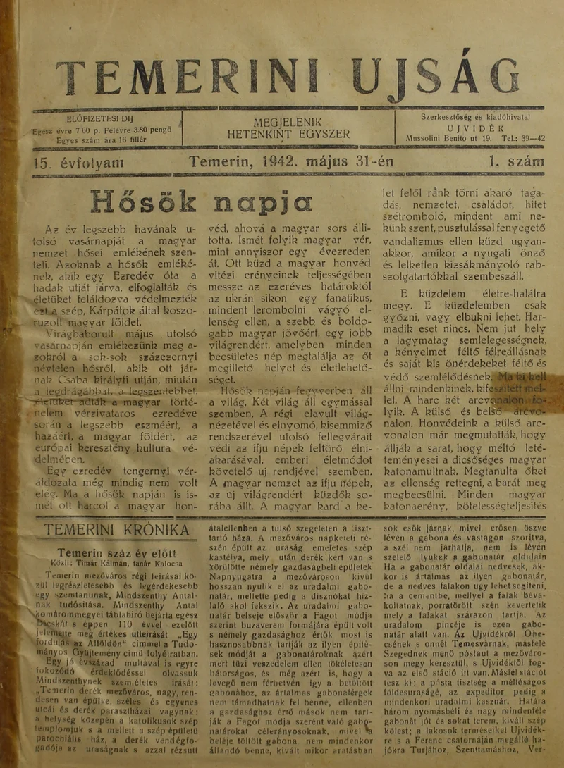 Temerini Újság 1928-1944, 15. évf. 1942. május 31. 1. sz.