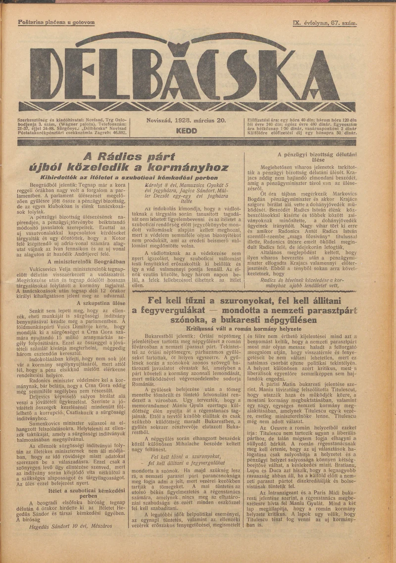 Délbácska, 9. évf. 1928. március 20. 67. sz.