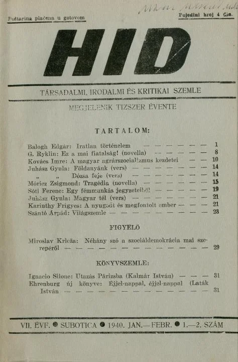 Híd, 7. évf. 1940. január – február. 1–2. sz. 1–32. oldal