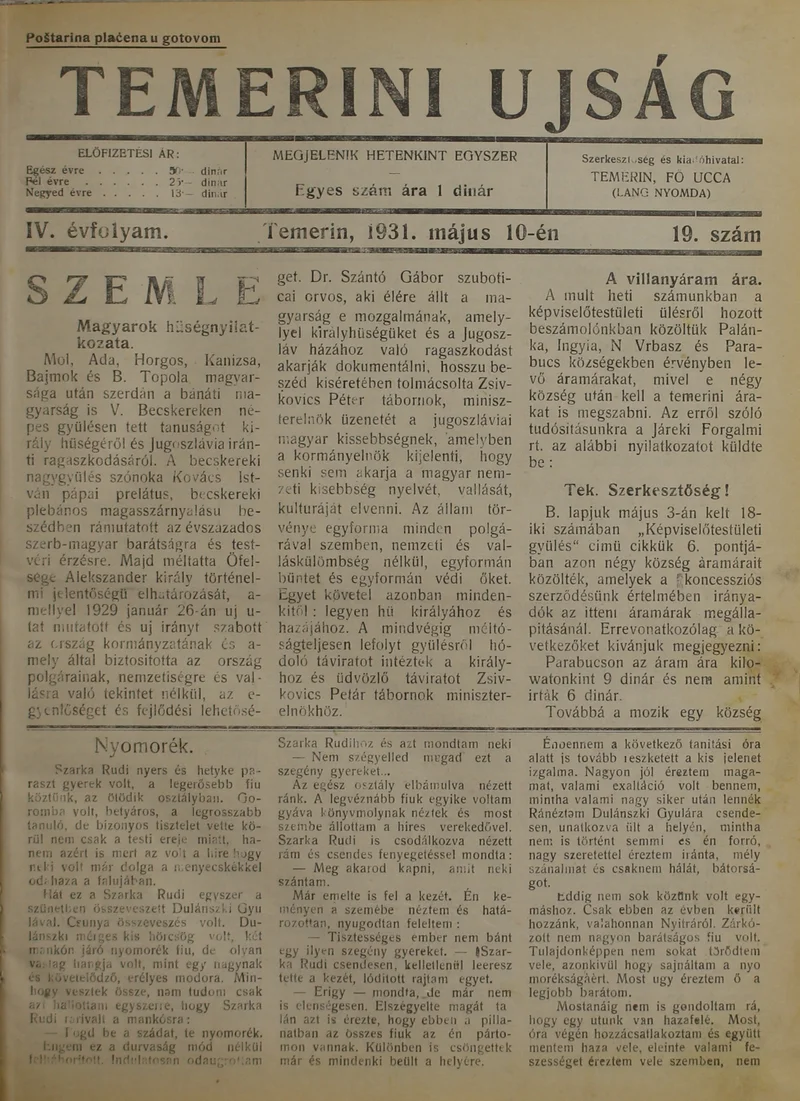 Temerini Újság 1928-1944, 4. évf. 1931. május 10. 19. sz.