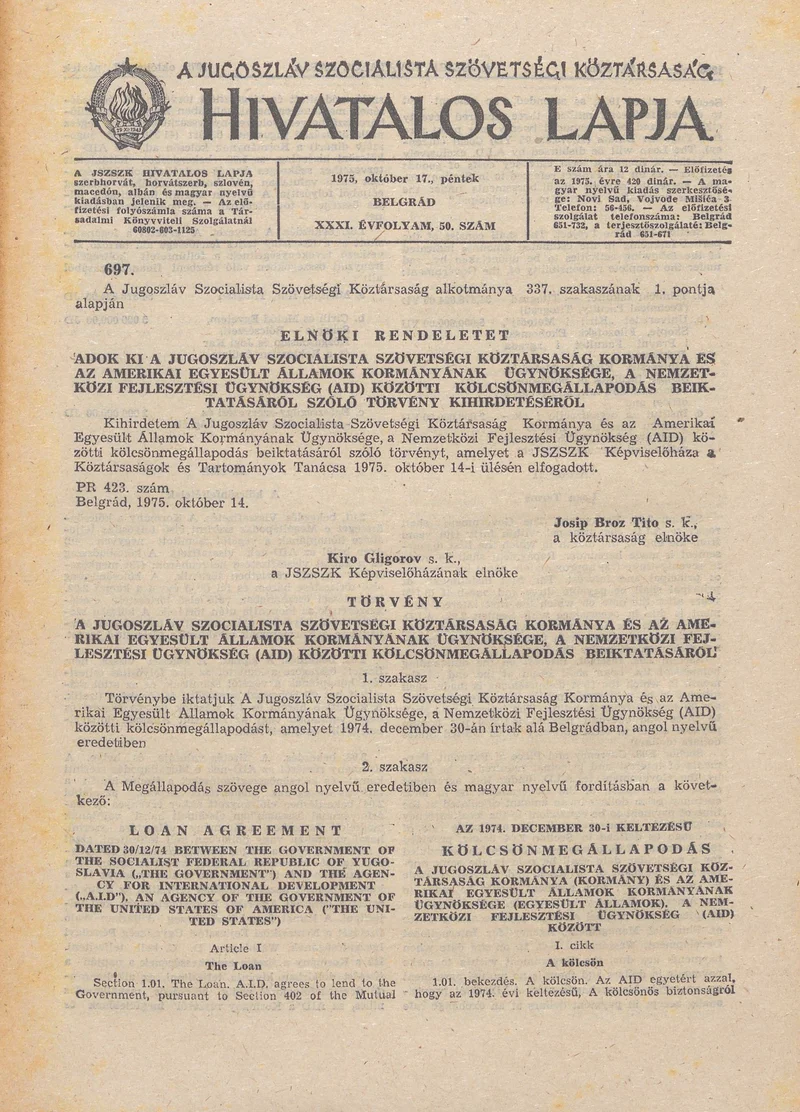 A Jugoszláv Szocialista Szövetségi Köztársaság Hivatalos Lapja, 31. évf. 1975. október 17. 50. sz. 1365–1388. oldal