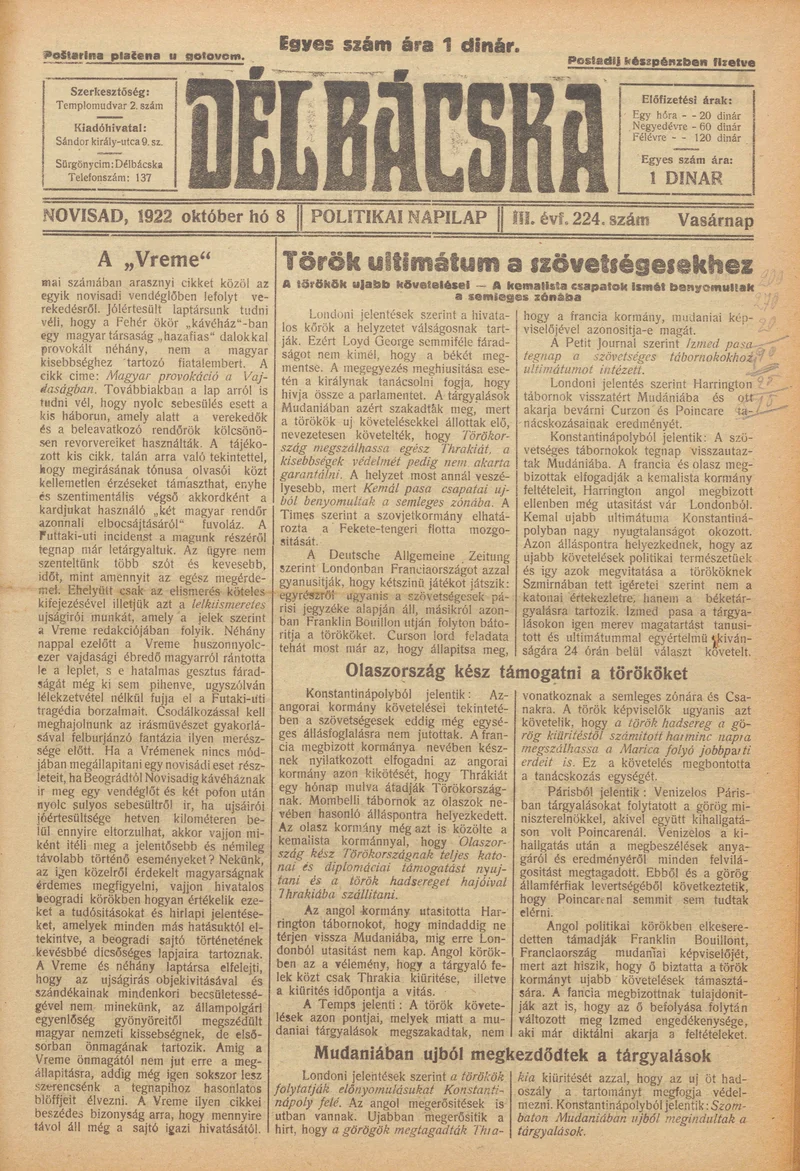 Délbácska, 3. évf. 1922. október 8. 224. sz.